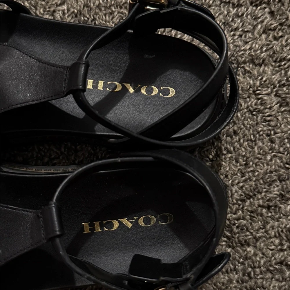 Coach Black Leather Strappy Sandals with Gold Logo